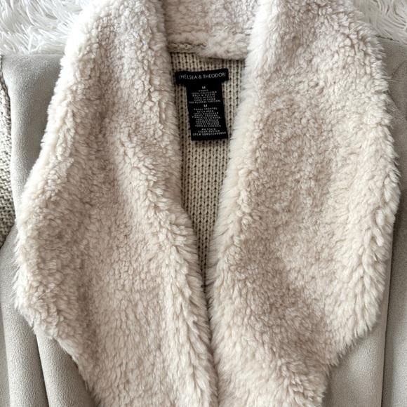 Chelsea & Theodore Oyster Faux Suede Sherpa Open Front Cardigan Sweater M - Picture 12 of 16